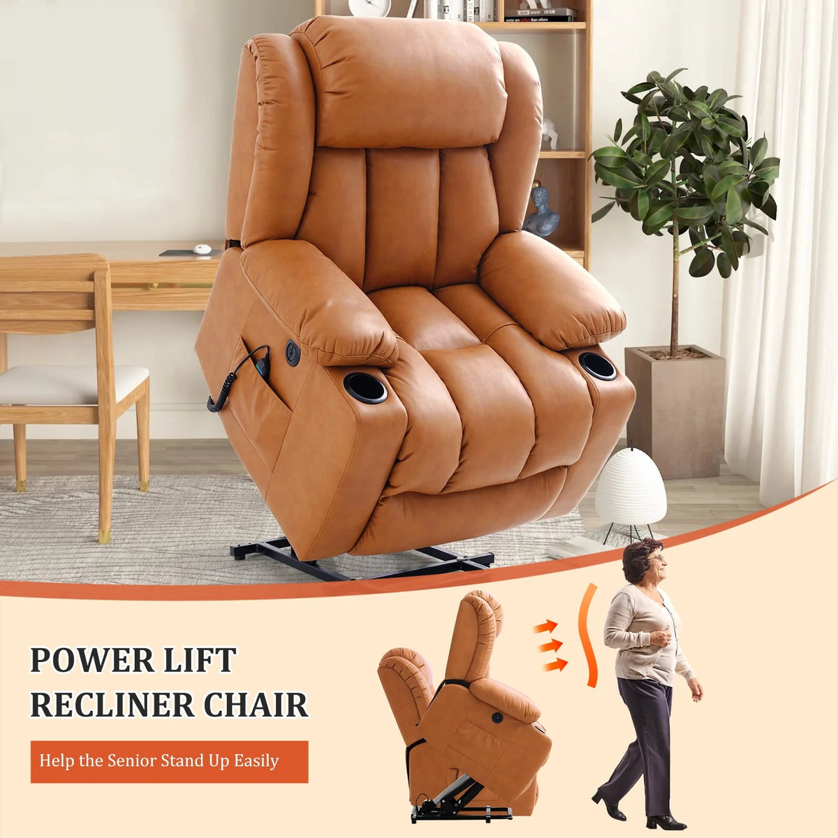 Large Power Lift Recliner Chair with Heat and Massage Leather Grey A4699