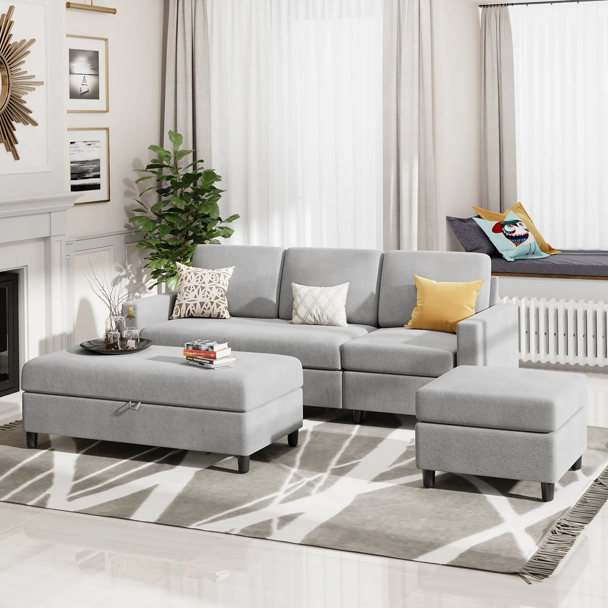 L Shaped 4 Seat Sectional Sofa with Storage Ottoman V2056