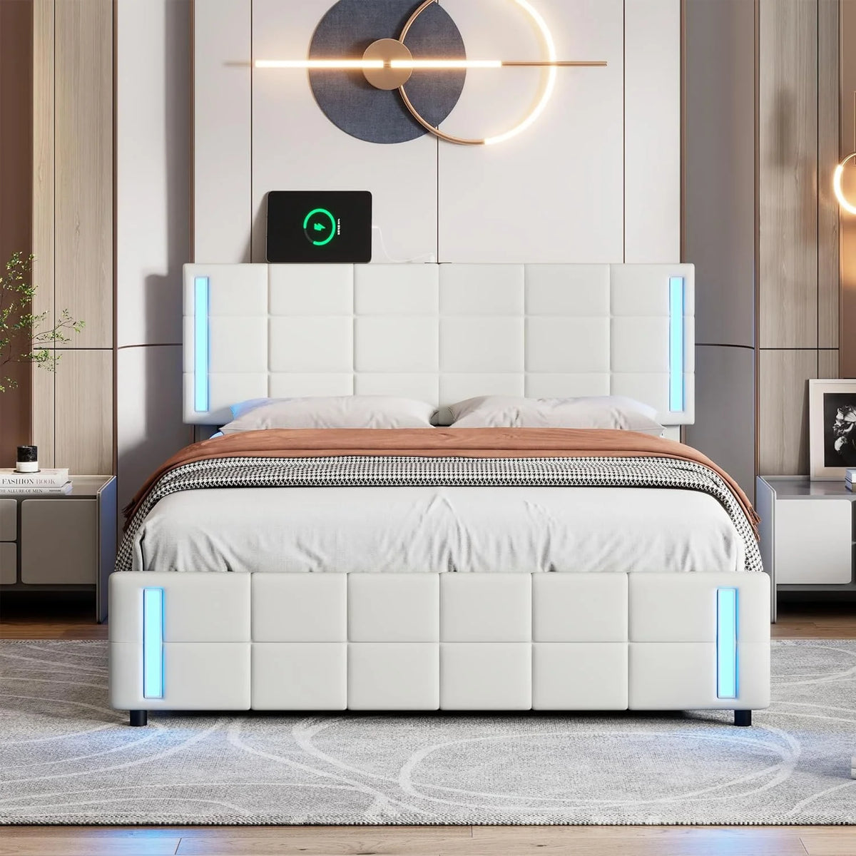 Queen Size Upholstered Platform Bed Frame with LED Lights and 4 Drawers White N21402