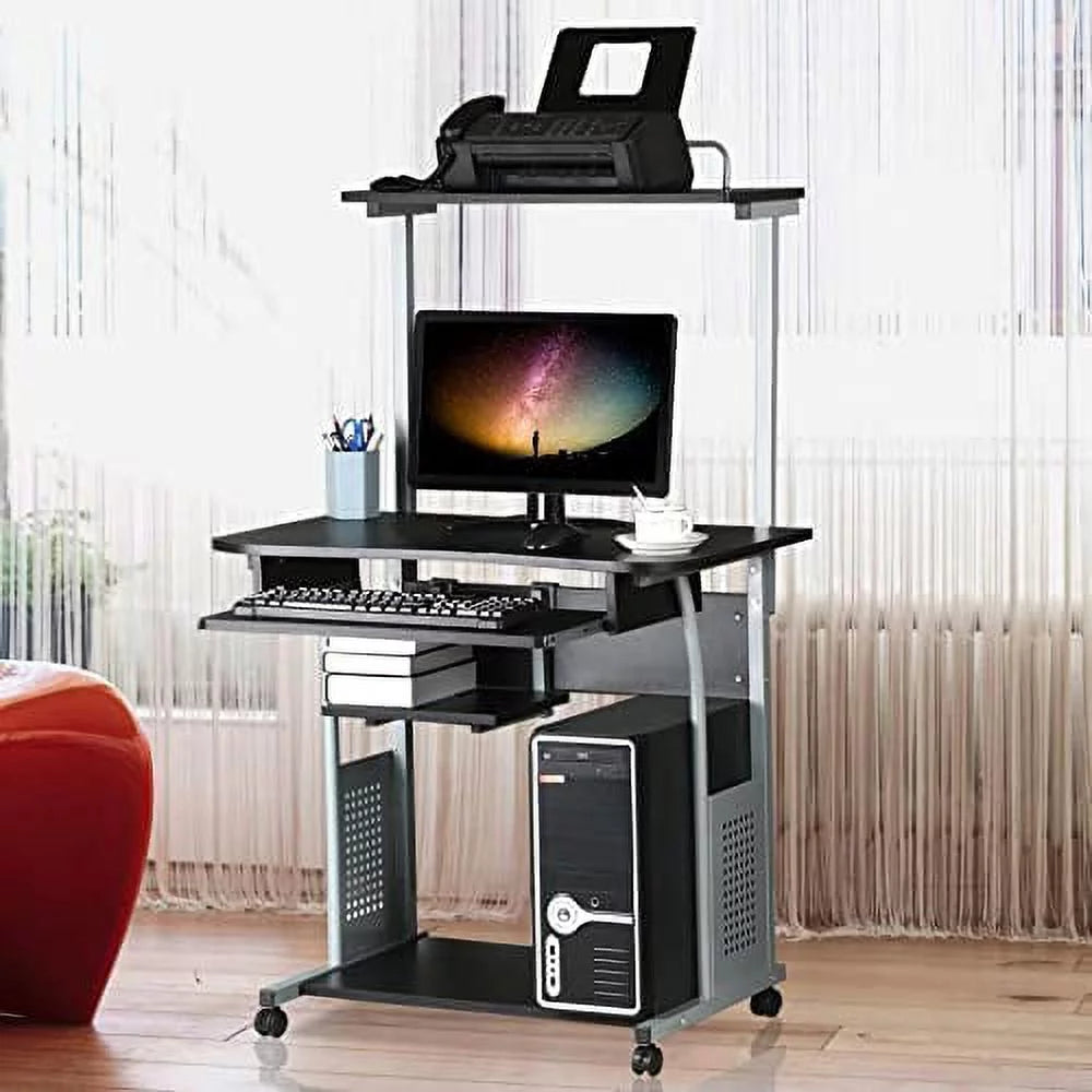 Black 2 Tier Rolling Computer Desk with Keyboard Tray T40974