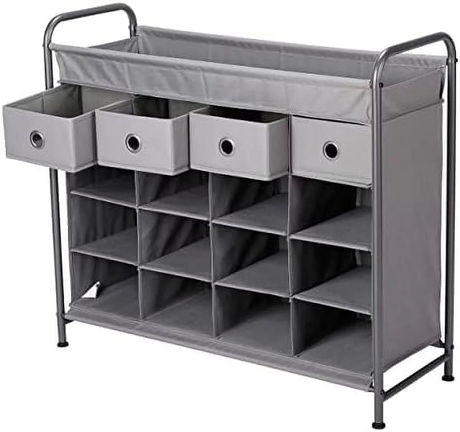 Grey 16 Cubby Shoe Rack Organizer with 4 Drawers S94850