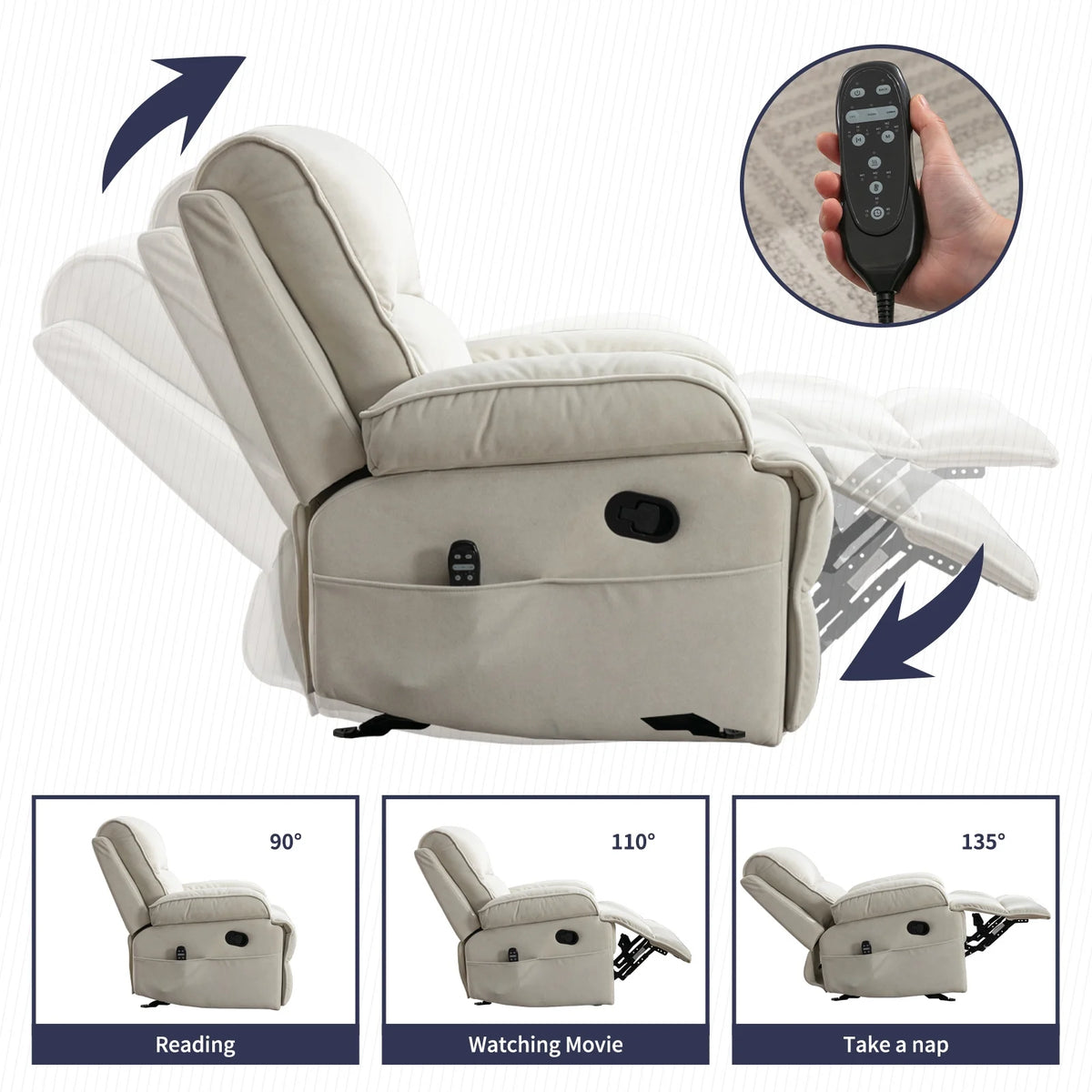 Beige Velour Recliner Chair with Heat Vibration F392