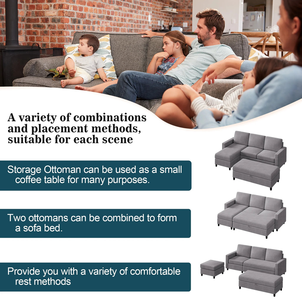 L Shaped 4 Seat Sectional Sofa with Storage Ottoman V2056