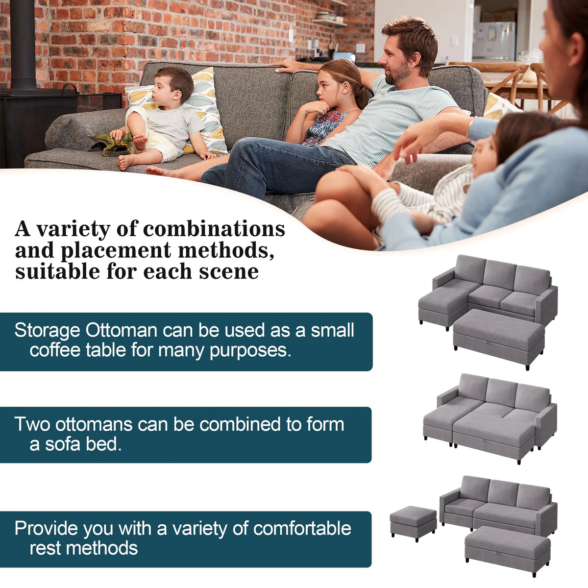 L Shaped 4 Seat Sectional Sofa with Storage Ottoman V2056
