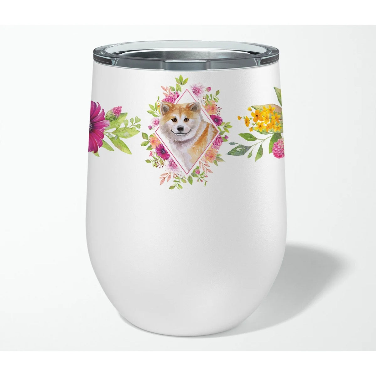 Shiba Inu Pink Flowers Stainless Steel 12 oz Stemless Wine Glass B640