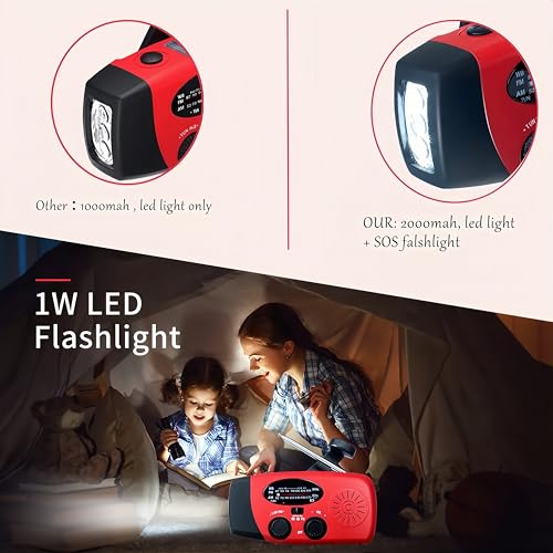 Portable Self-Powered AM/FM/NOAA Weather Radio with Solar & Hand-Crank Charging, LED Flashlight, USB Rechargeable, 2000mAh Power Bank B26922