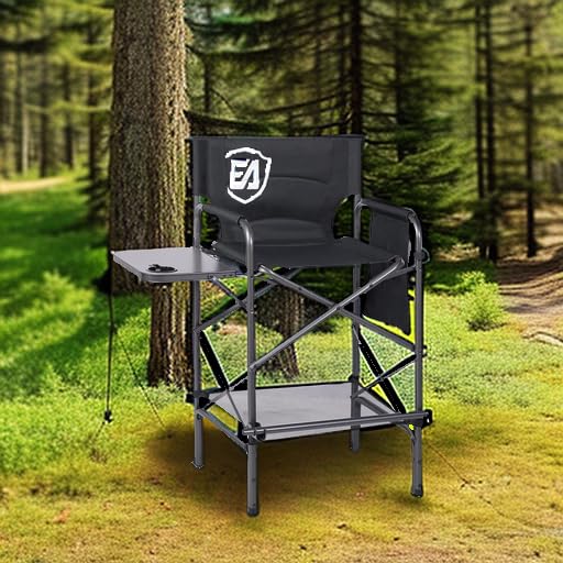 Tall Folding Chair with Side Table Cup Holder Storage Pocket Blue Grey O655