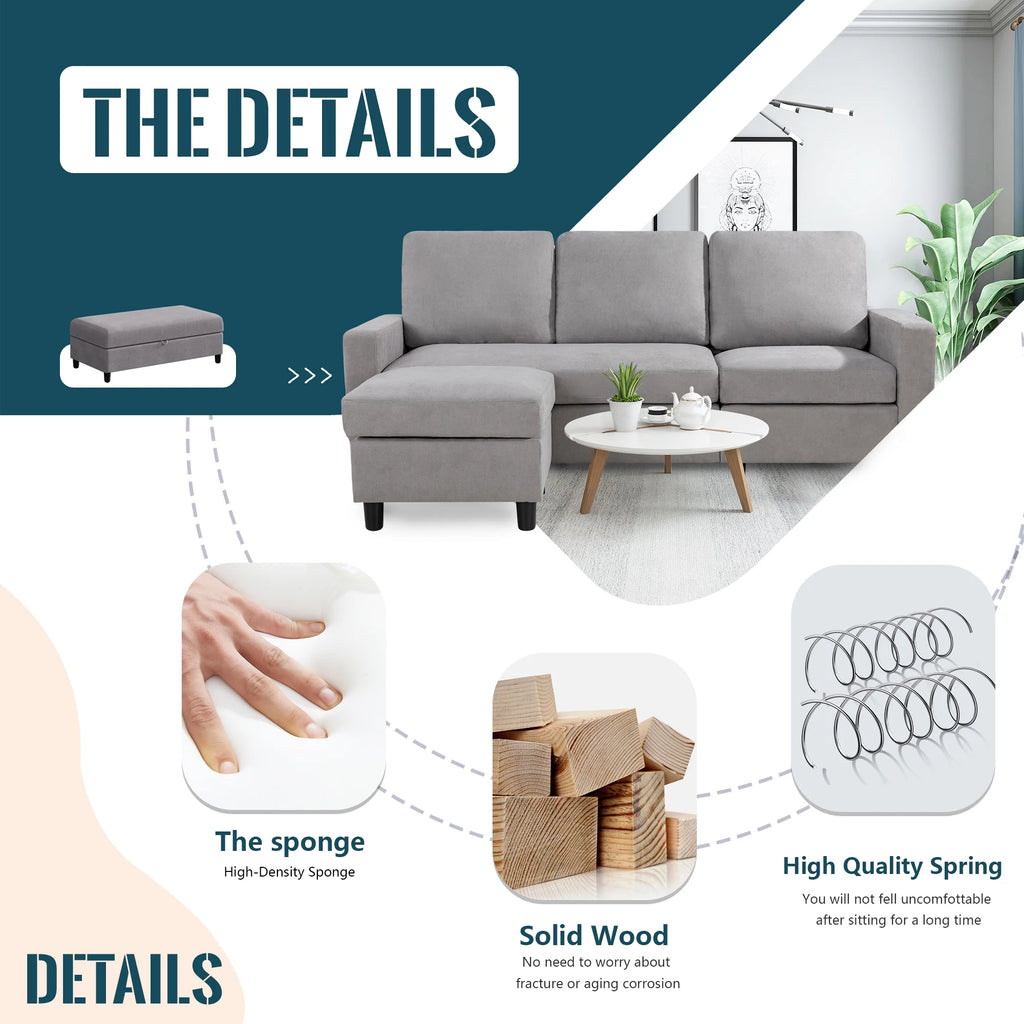 L Shaped 4 Seat Sectional Sofa with Storage Ottoman V2056