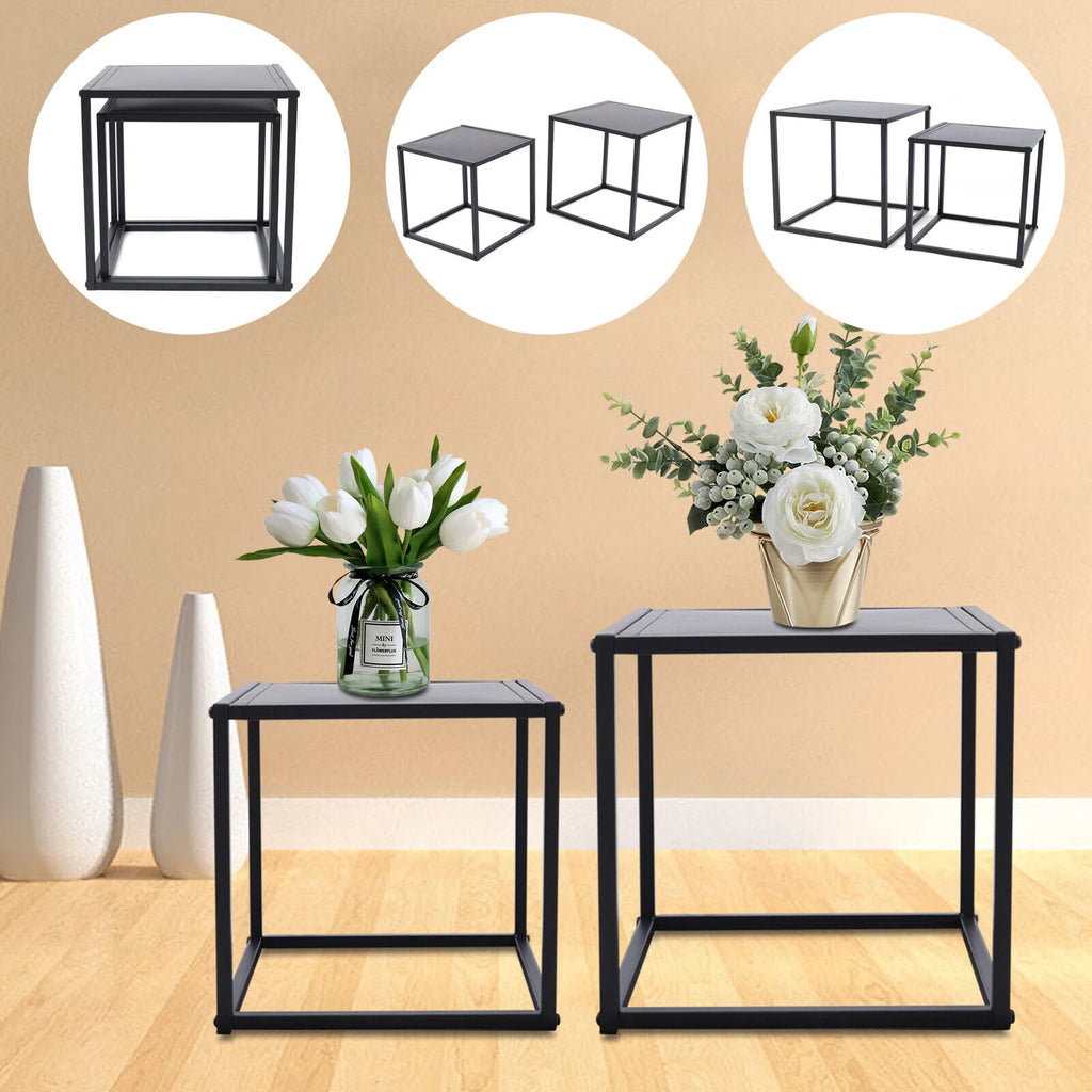 2Pcs Modern Square Metal Coffee Table Side Table End Table Matt Black O14826
