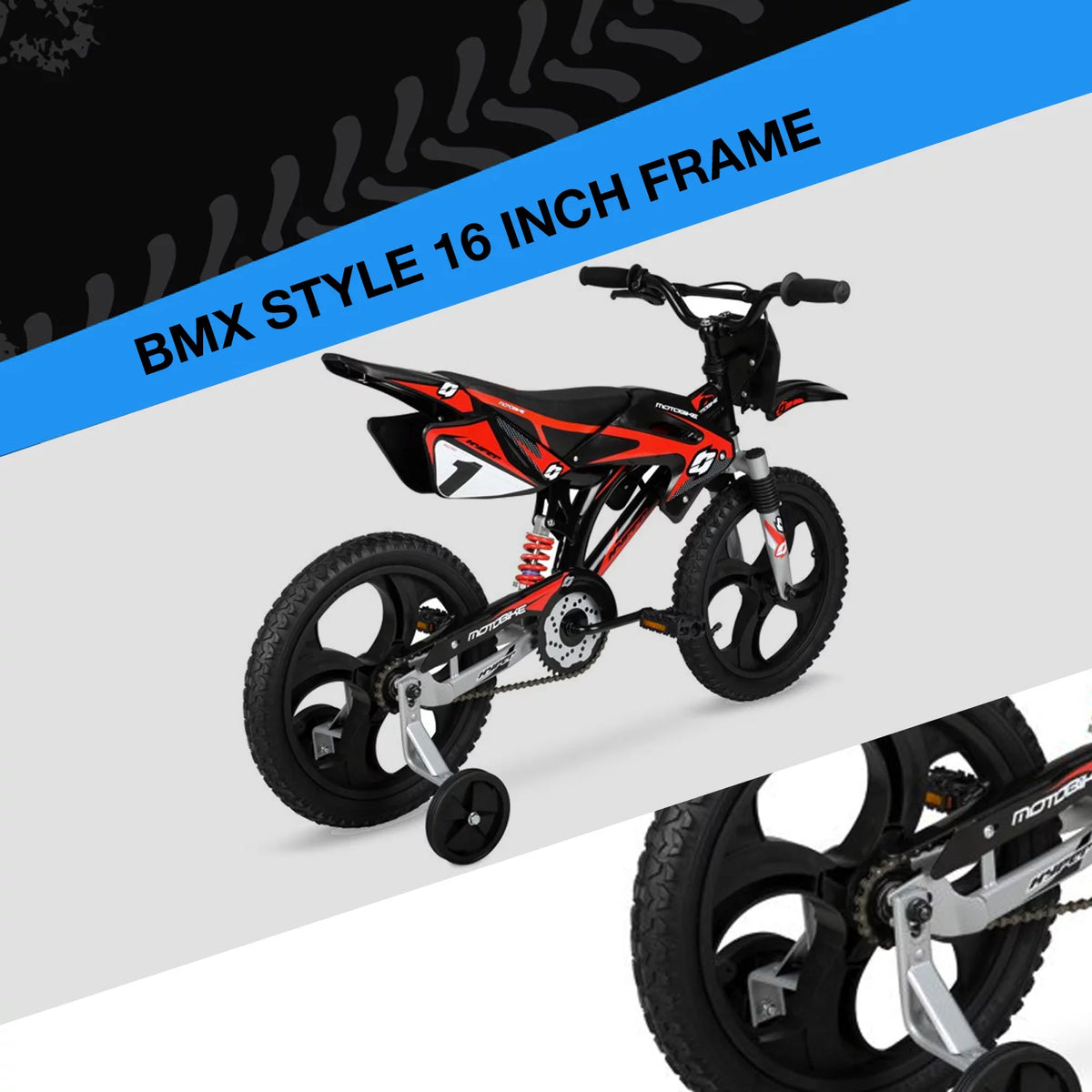16 Kids Moto Bike with Training Wheels, Black/Red A763819