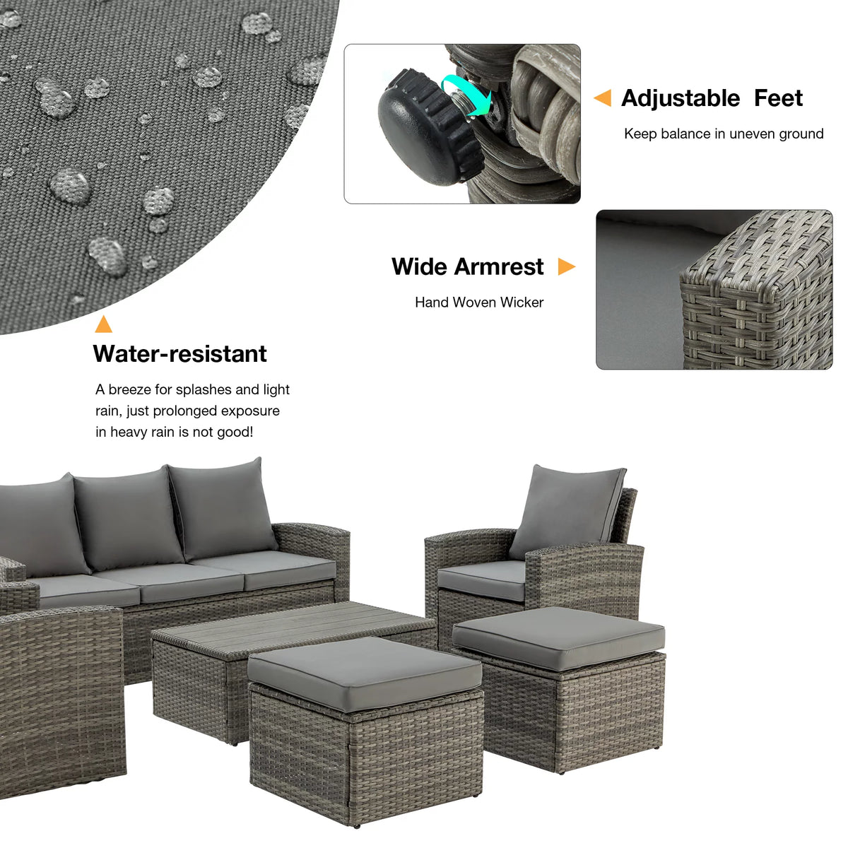 6 Pieces Wicker Rattan Sofa and Table V812712