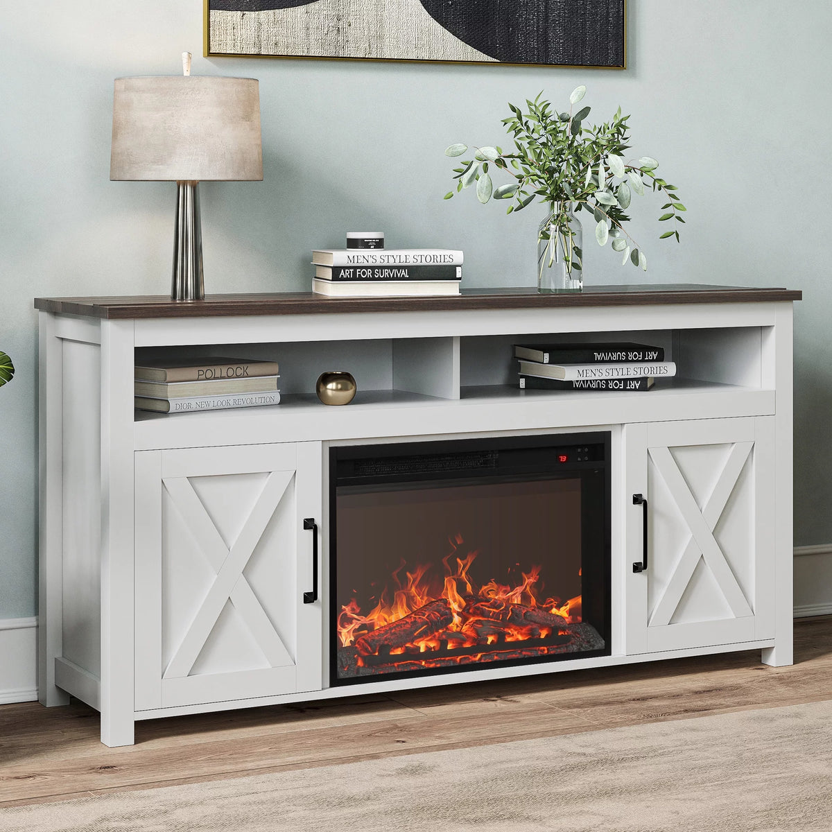 White Wood TV Stand with Electric Fireplace and Shelves G21475