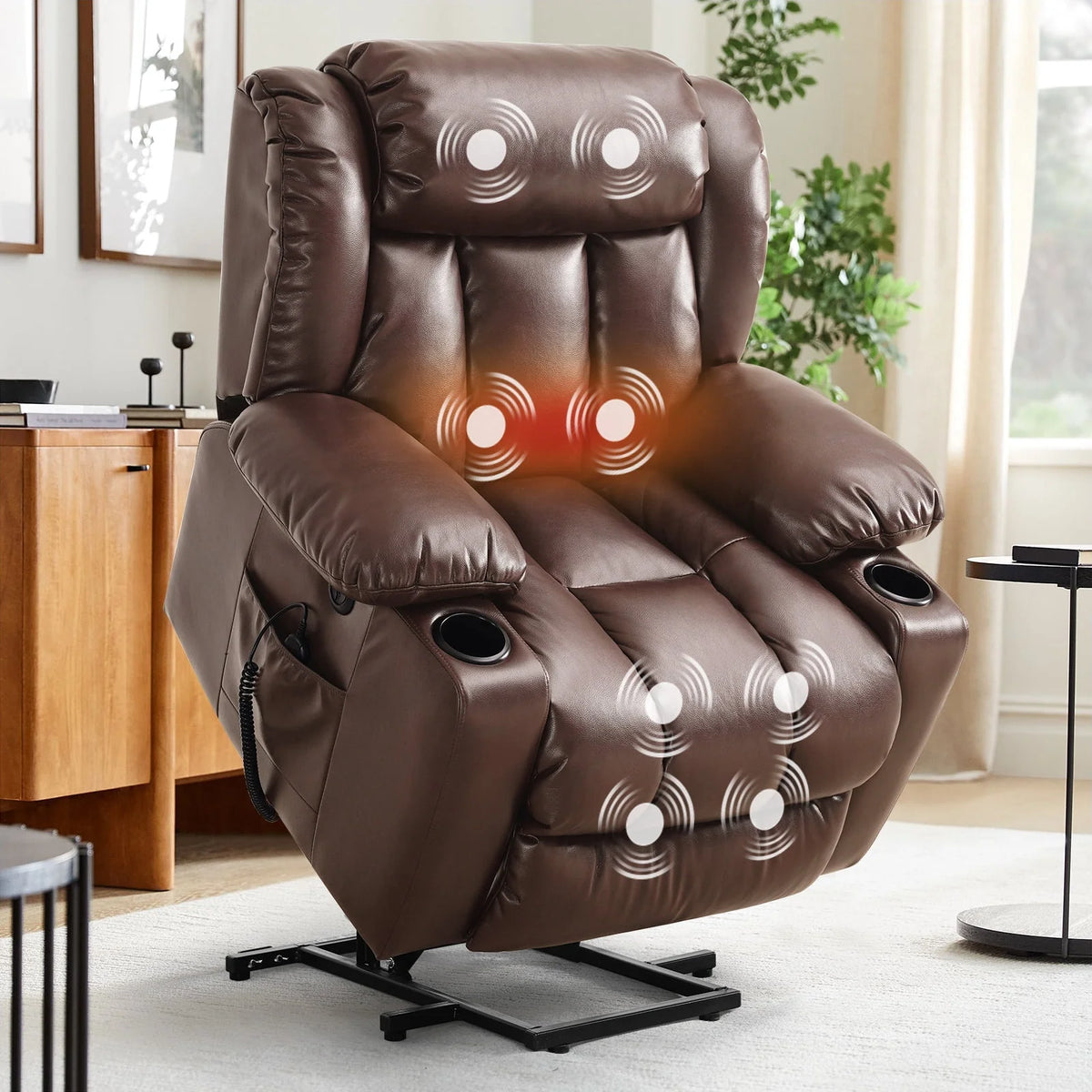 Large Power Lift Recliner Chair with Heat and Massage Leather Grey A4699