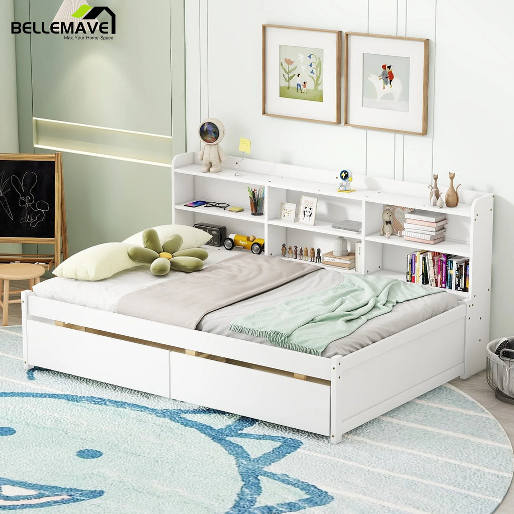 Full Size Platform Bed with Bookcases and Drawers Gray U13631