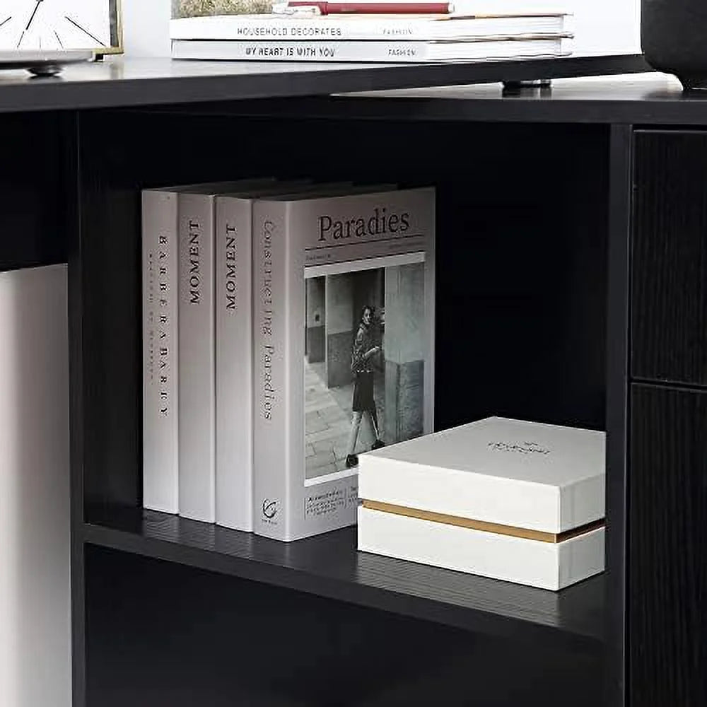 L Shaped Computer Desk with Shelves Drawer and Cabinet White E503