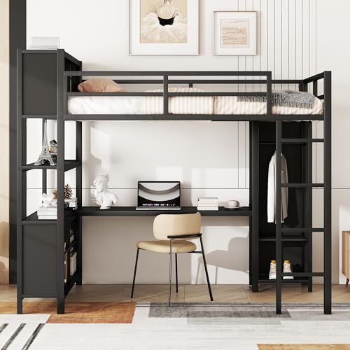 Full Size White Metal Loft Bed with L Shaped Desk and Wardrobe B699