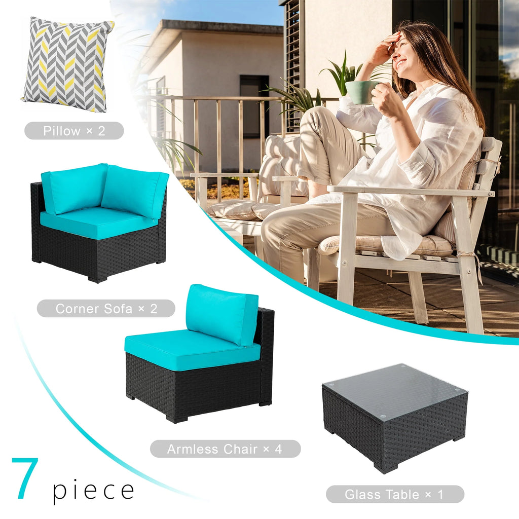 7 Pieces Black Wicker Outdoor Sectional Sofa Set with Tea Table Z22298