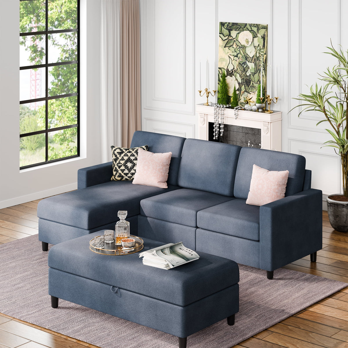 L Shaped 4 Seat Sectional Sofa with Storage Ottoman V2056