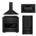 36 in. Gas Range, Range Hood, Microwave Drawer, Refrigerator in Black Stainless P963