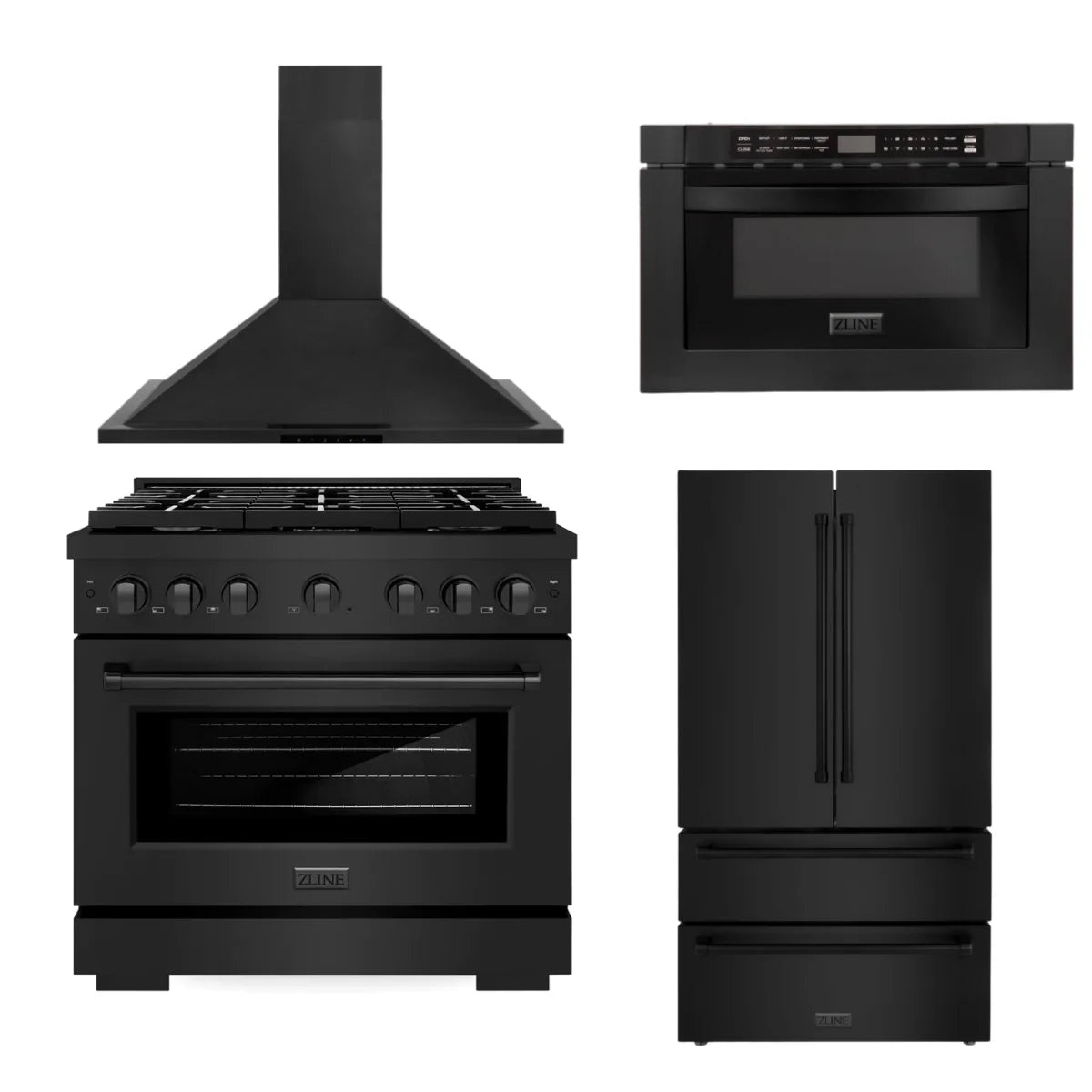 36 in. Gas Range, Range Hood, Microwave Drawer, Refrigerator in Black Stainless P963