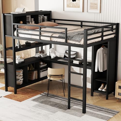 Full Size White Metal Loft Bed with L Shaped Desk and Wardrobe B699