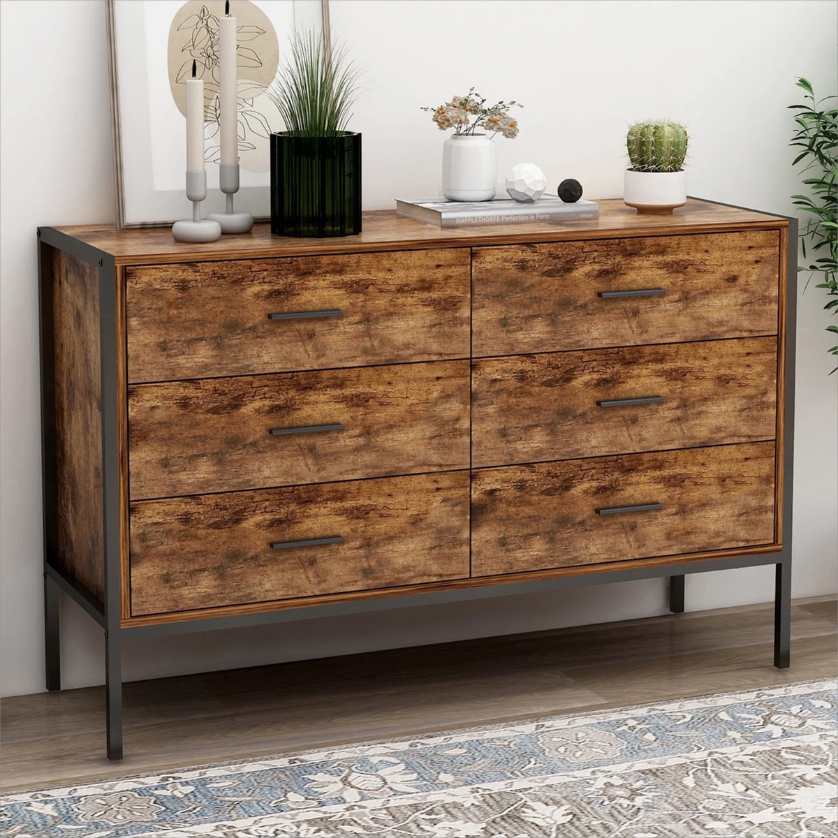 White 6 Drawer Rustic Wood Dresser Y376335