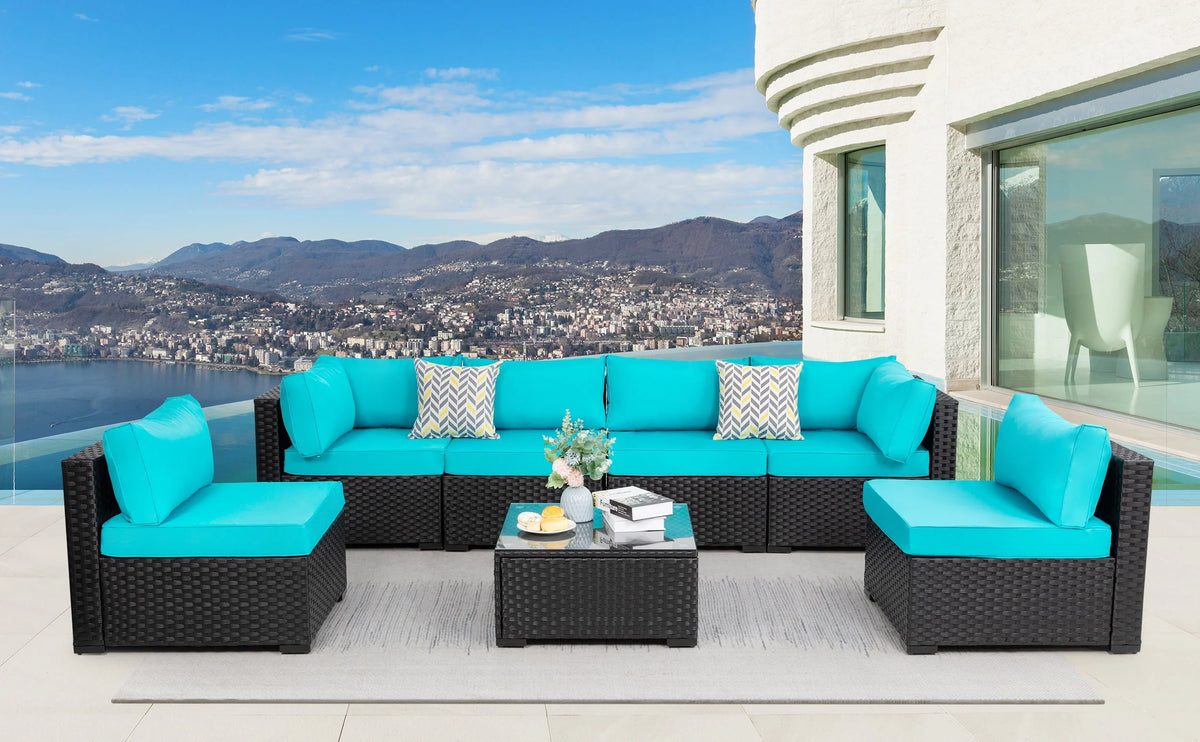 7 Pieces Black Wicker Outdoor Sectional Sofa Set with Tea Table Z22298