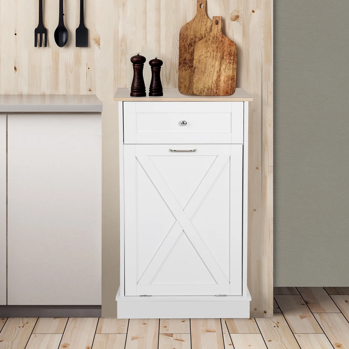White Tilt Out Trash Can Cabinet R572817