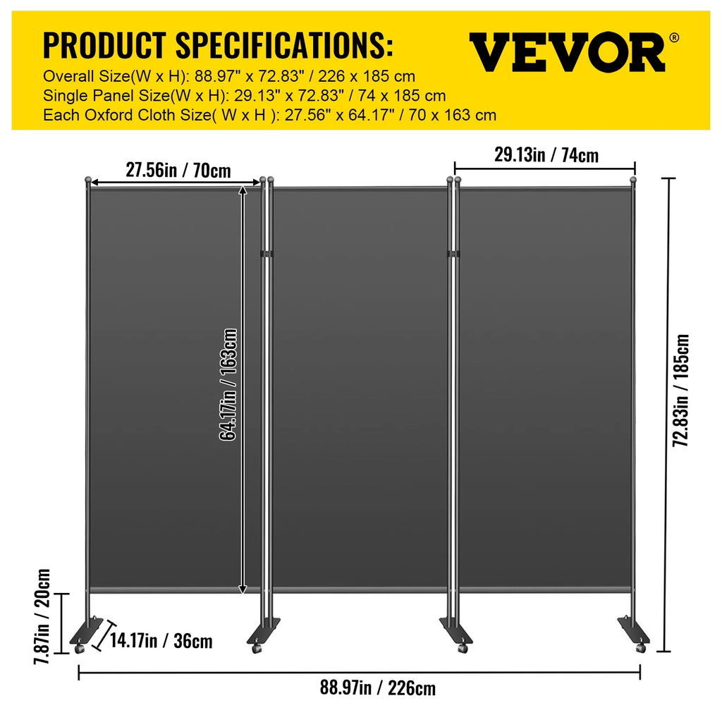 3-Panel Folding Portable Room Divider Black W500