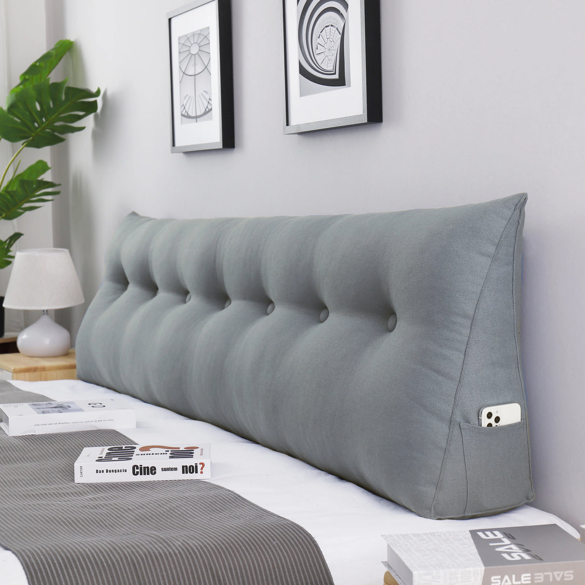 Large Cotton Linen Triangular Wedge Bed Rest Pillow V745262
