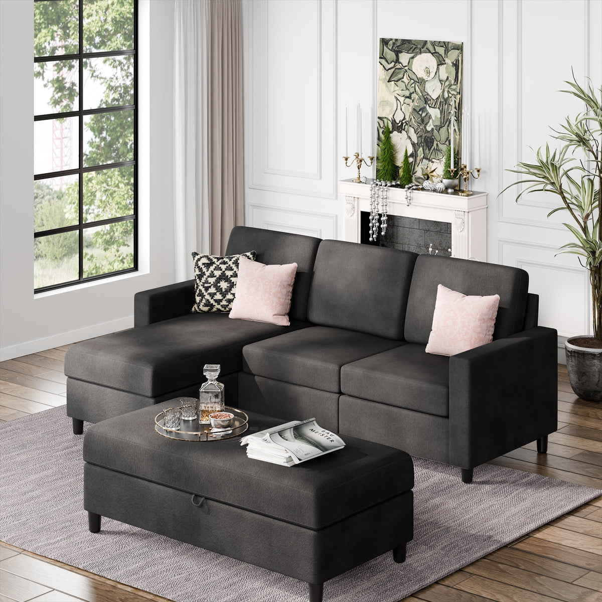 L Shaped 4 Seat Sectional Sofa with Storage Ottoman V2056