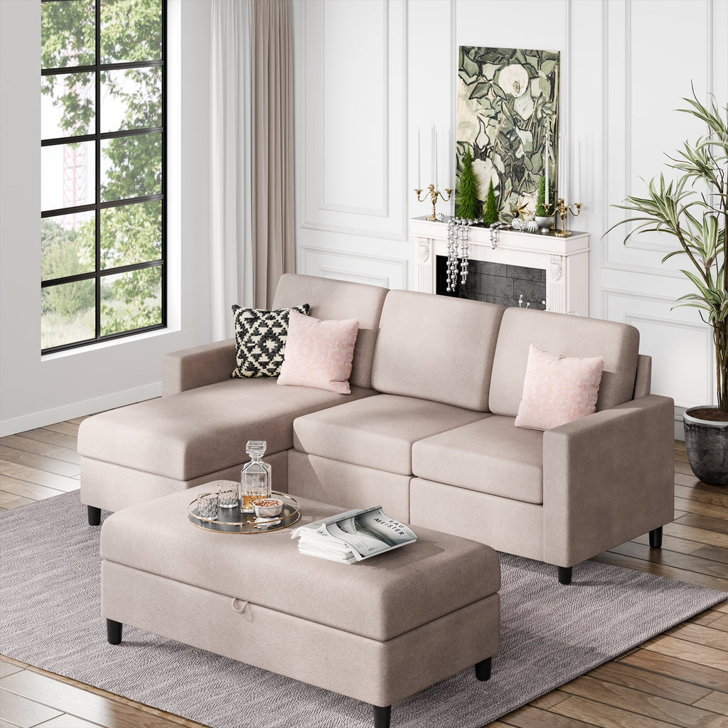 L Shaped 4 Seat Sectional Sofa with Storage Ottoman V2056