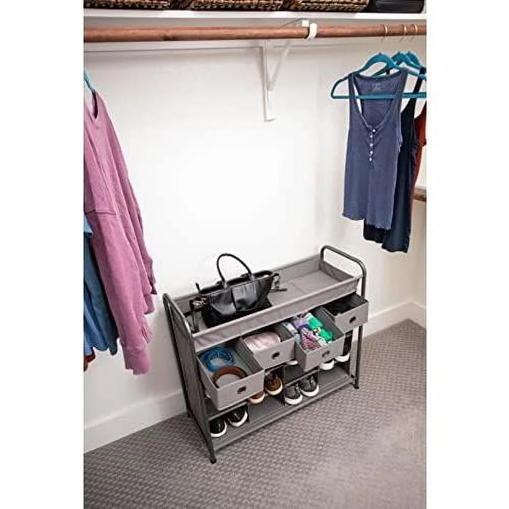 Grey 16 Cubby Shoe Rack Organizer with 4 Drawers S94850