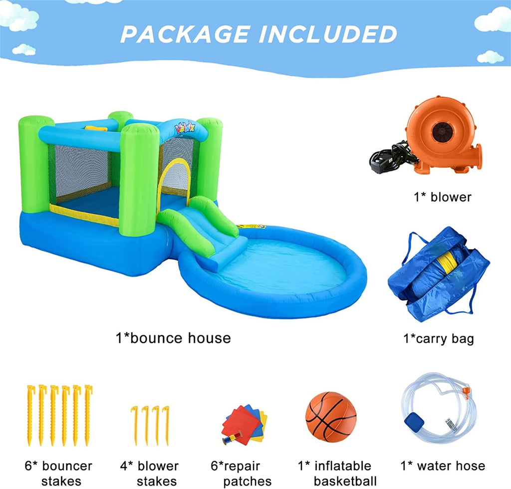 Inflatable Bounce House with Blower, Waterslide & Pool W20900