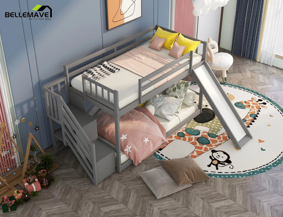 Gray Twin Over Twin Wooden Bunk Bed with Slide and Stairs H8807
