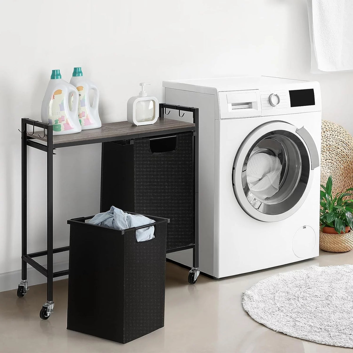 Black Double Laundry Hamper with Removable Bag and Shelf Y658