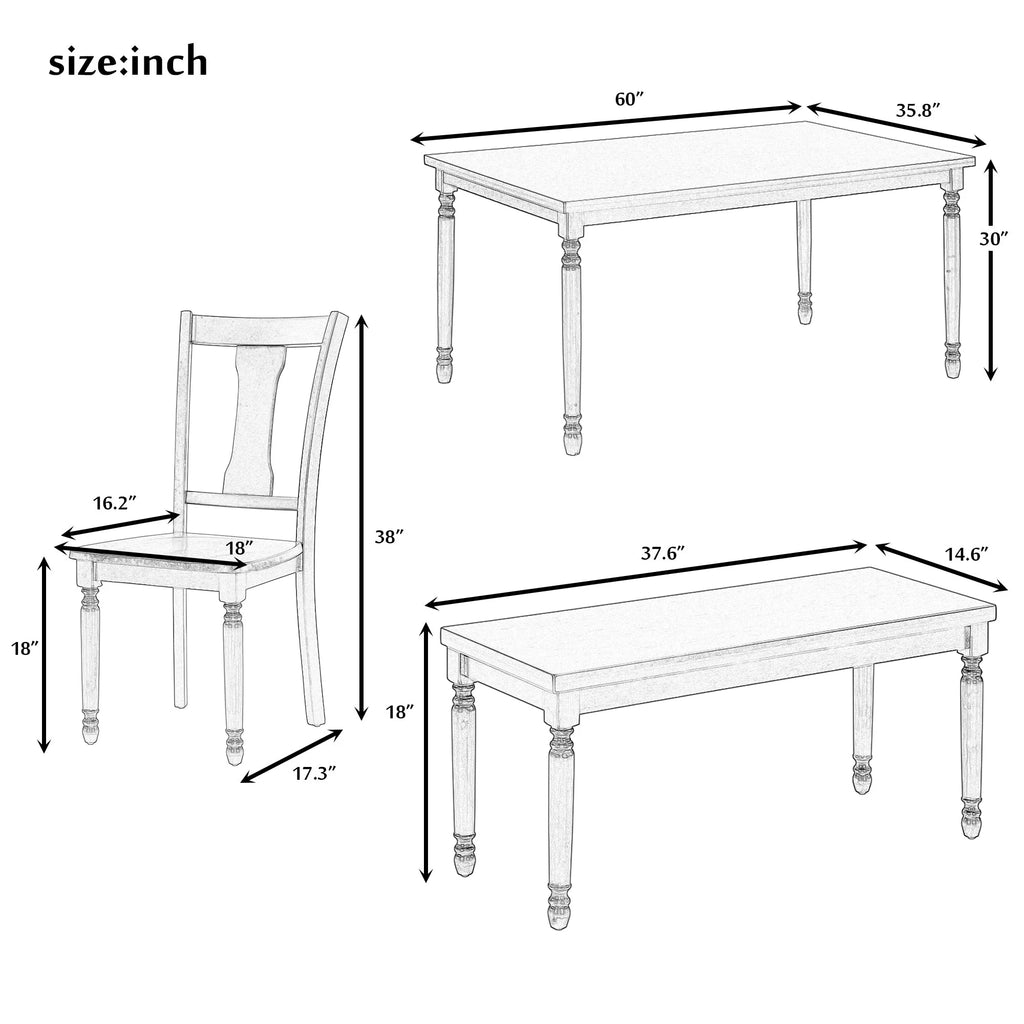 6pc Wooden Dining Set with Table Chairs and Bench D284