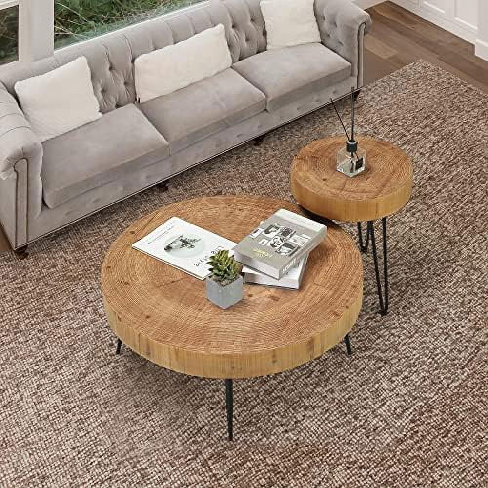 Round Coffee Table Set of 2 Solid Wood Side and End Table V5243