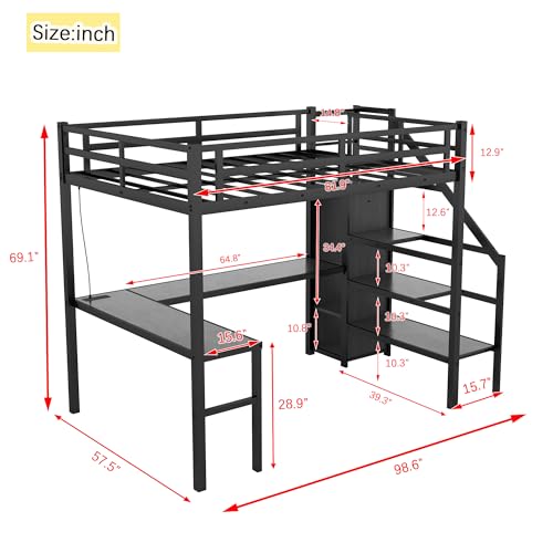 Queen Metal Loft Bed with Desk, Wardrobe, USB Ports, LED Lights, Shelves, White L86483