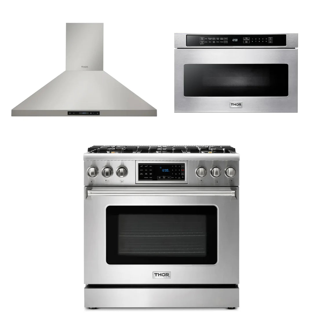 36 Propane Gas Range, Range Hood, Microwave O290