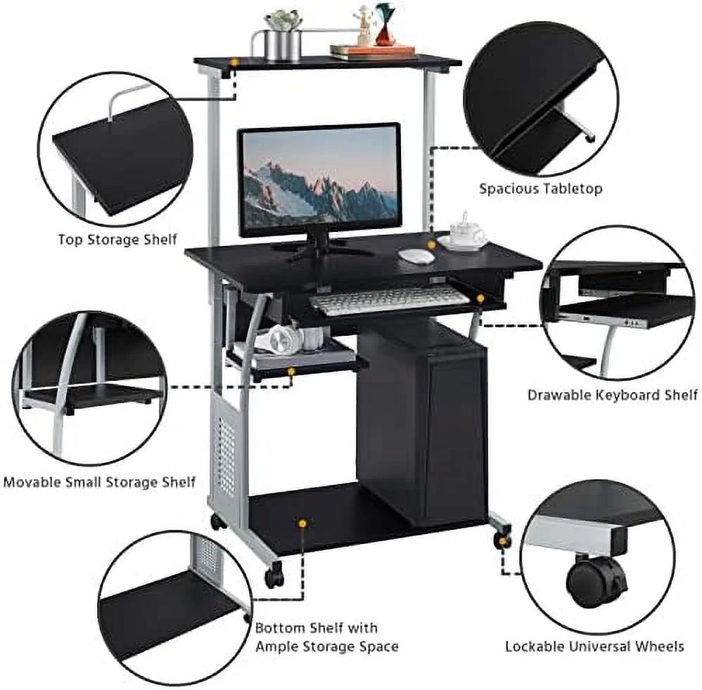 Black 3 Tier Computer Desk with Printer Shelf and Keyboard Tray E7822