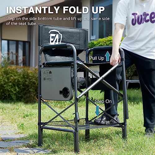 Tall Folding Chair with Side Table Cup Holder Storage Pocket Blue Grey O655
