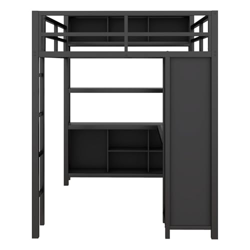 Full Size White Metal Loft Bed with L Shaped Desk and Wardrobe B699