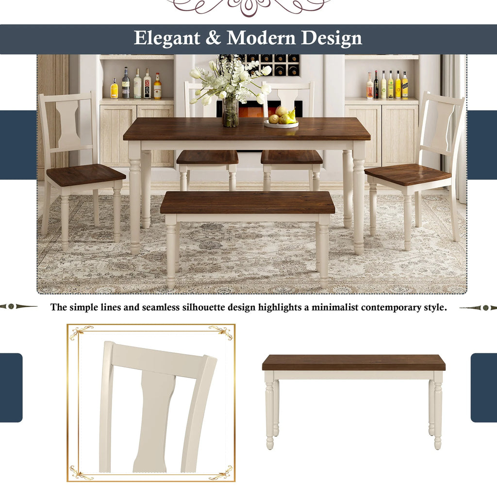 6pc Wooden Dining Set with Table Chairs and Bench D284