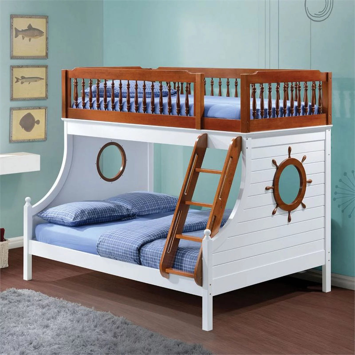 Oak and White Twin Over Full Bunk Bed with Ladder and Guard Rail Y333