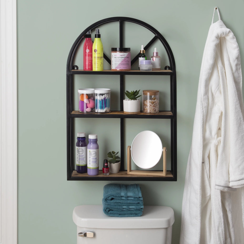 Black Metal Natural Mango Wood 3-Tier Wall Shelves L231