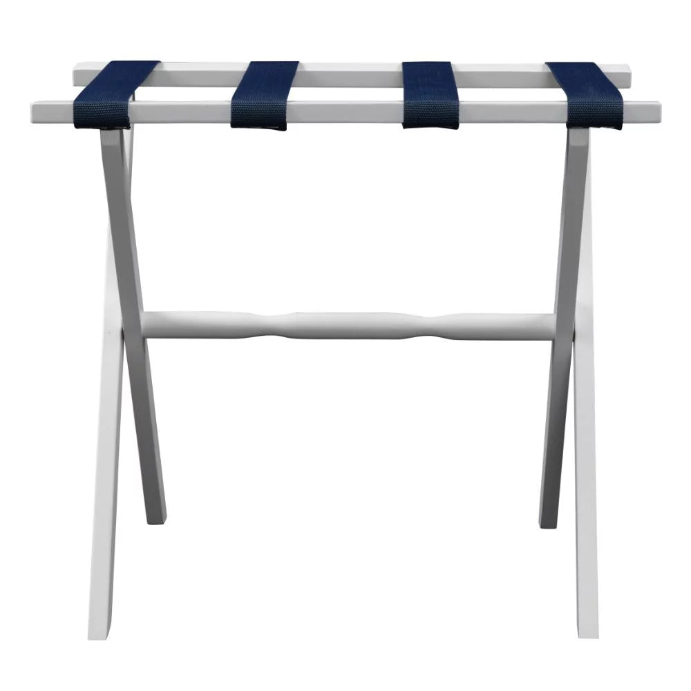 White Wood Luggage Rack with 4 Navy Nylon Straps X840
