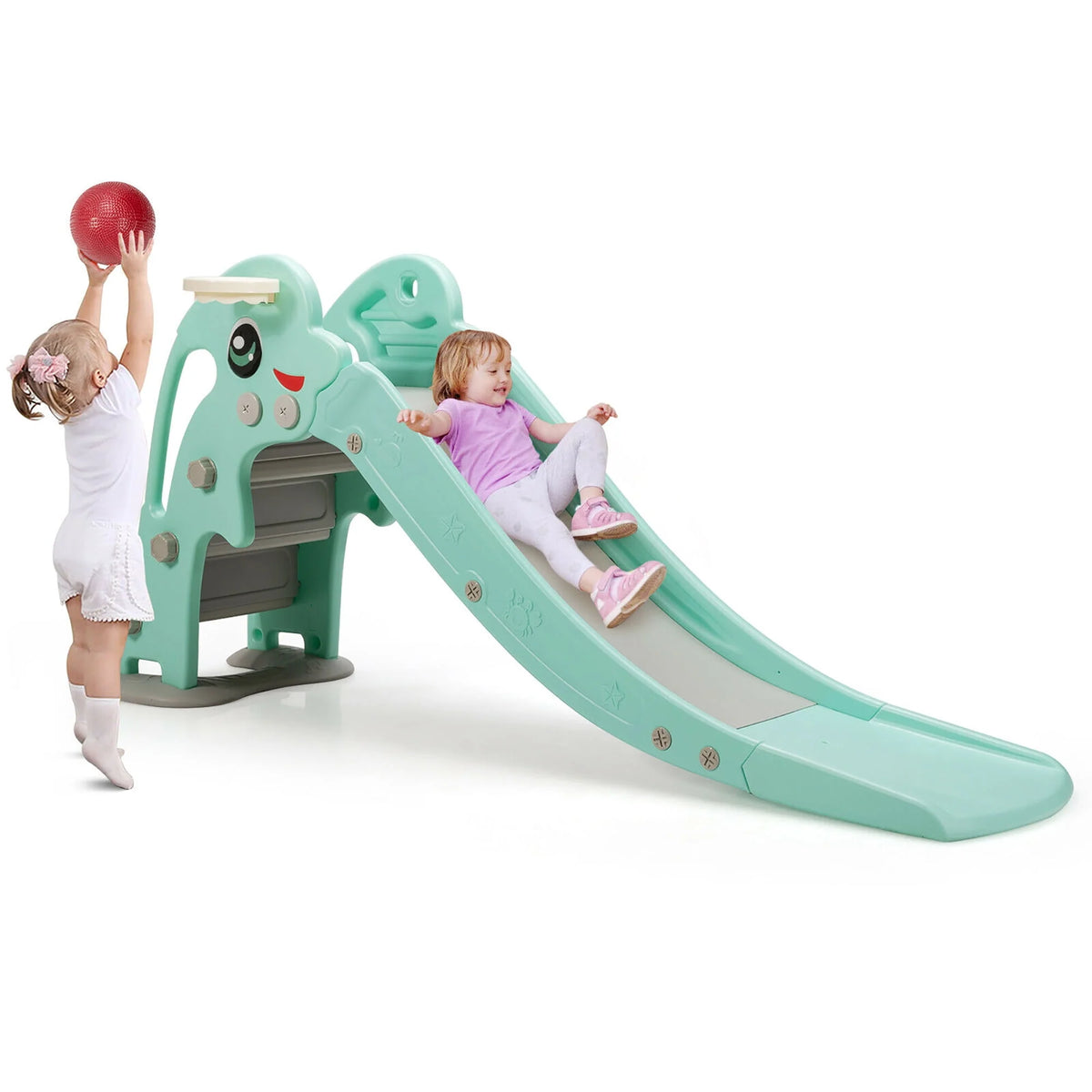 3-in-1 Kids Climber Slide Play Set with Basketball Hoop Green L73072