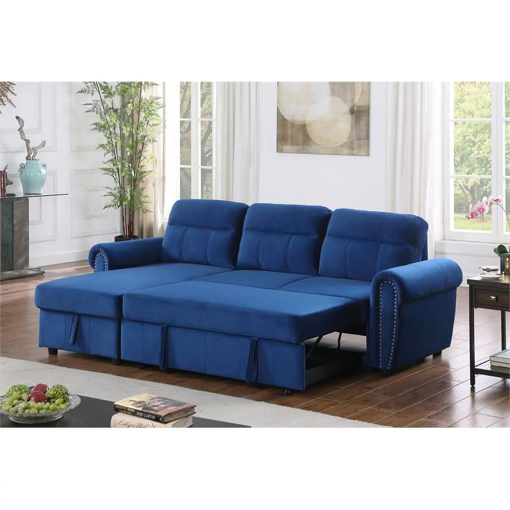 Blue Velvet Reversible Sleeper Sectional Sofa Chaise G74413