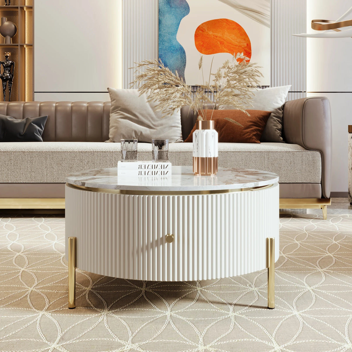 Modern Round Coffee Table with 2 Drawer, Sintered Stone Top, White Y16843